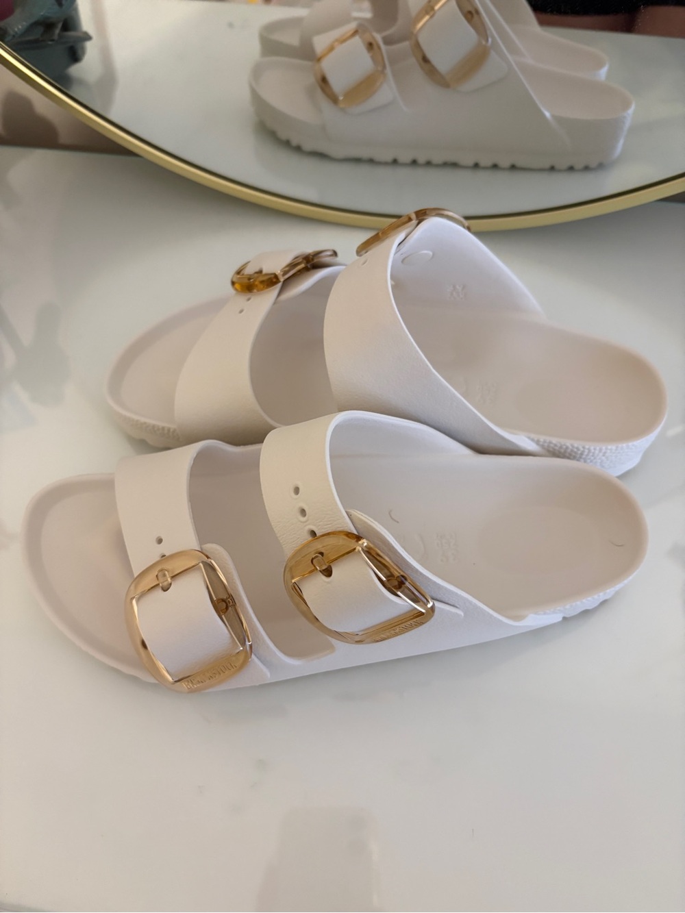 White Birkenstock Double Buckle Slide Sandals with Gold Hardware - Picture 2 of 3